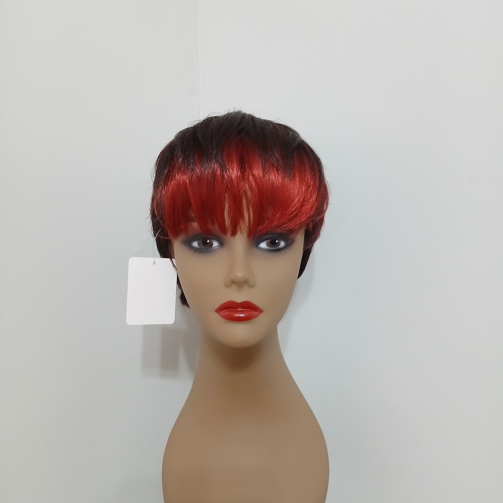 Glueless Short Pixie Cut Synthetic Wig Natural Black Red Ombre Fringe